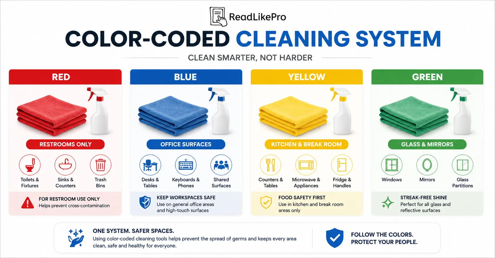 Professional Office Cleaning Tips That Actually Make a Difference 2 Color-coded office cleaning cloth system with red, blue, yellow and green microfiber cloths for different cleaning areas
