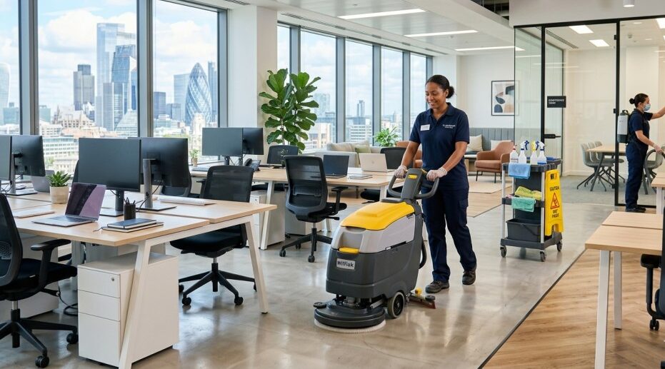 Office cleaning staff disinfecting desks and surfaces professionally