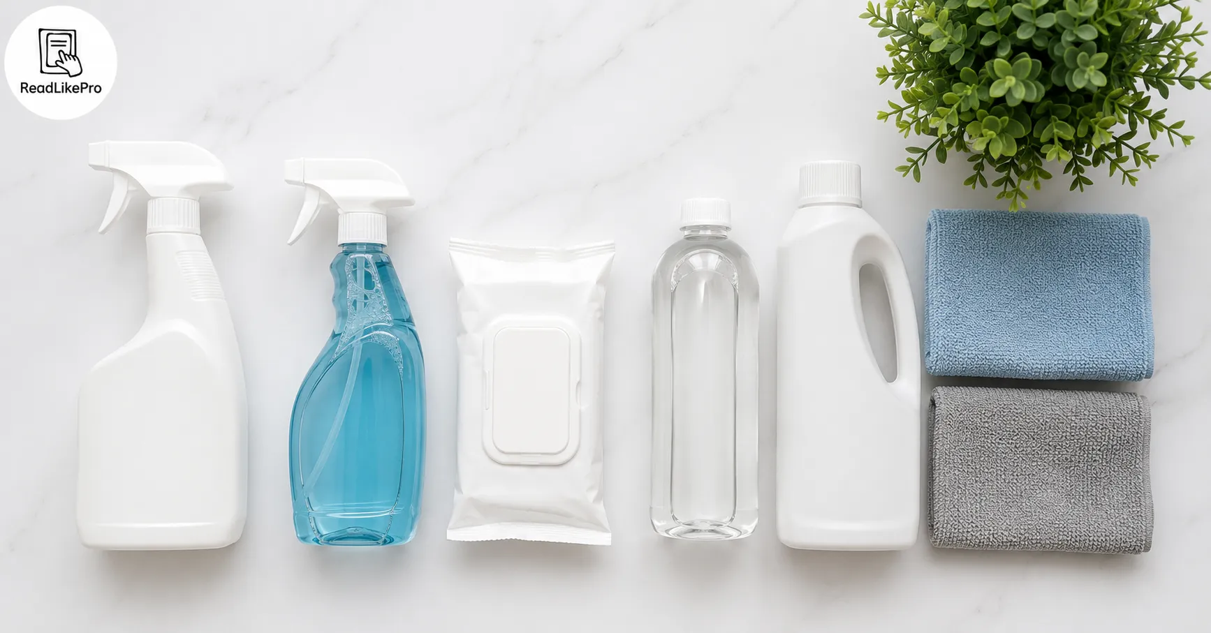 Home Cleaning Tips: Why Your Routine Keeps Failing (Easy to Use) 2 Home cleaning products flat lay — spray cleaner, glass cleaner, microfiber cloths and isopropyl wipes
