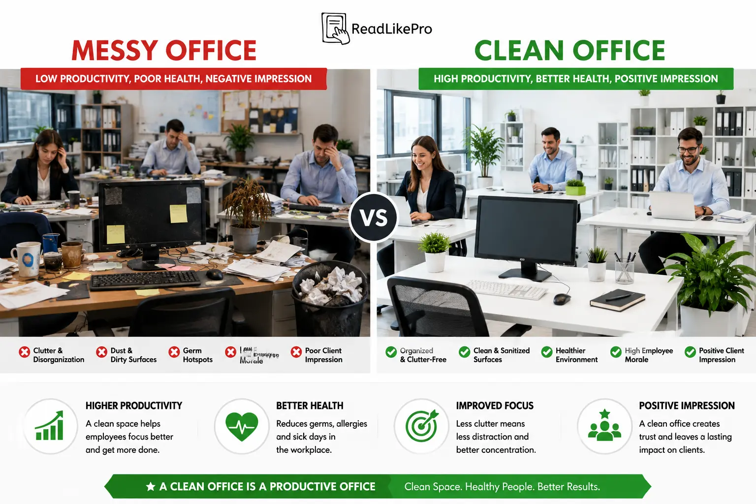 Professional Office Cleaning Tips That Actually Make a Difference 1 Messy office vs clean office comparison showing how workplace cleanliness affects productivity and employee health