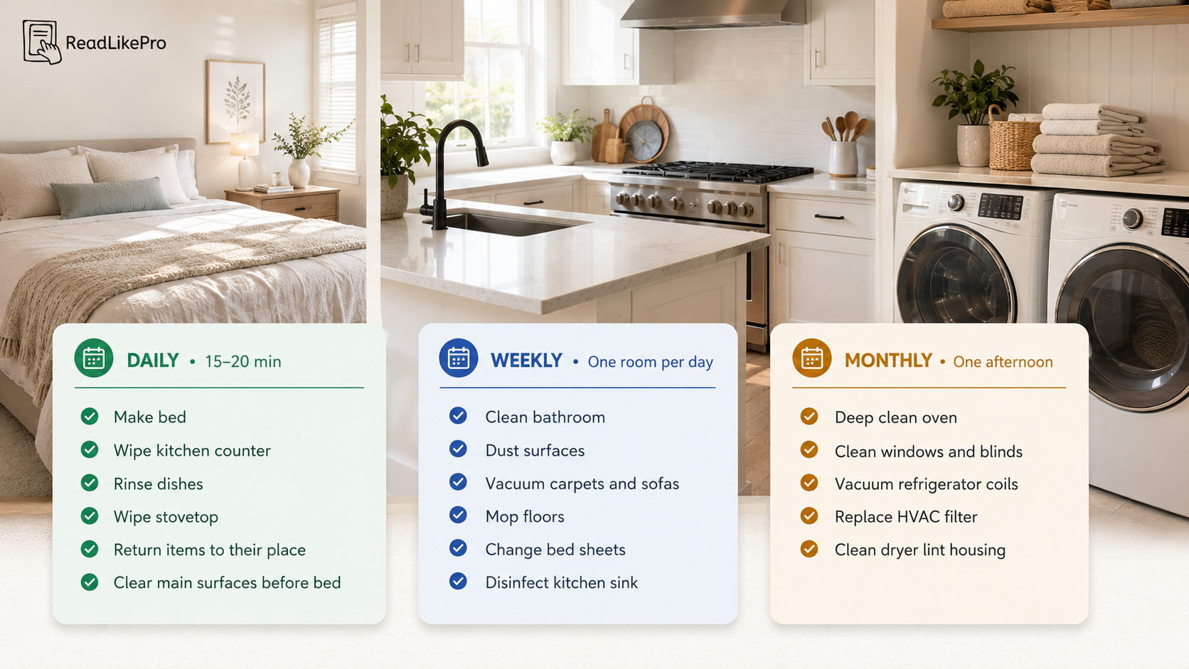 Home Cleaning Tips: Why Your Routine Keeps Failing (Easy to Use) 3 Home cleaning schedule infographic — daily weekly and monthly cleaning checklist