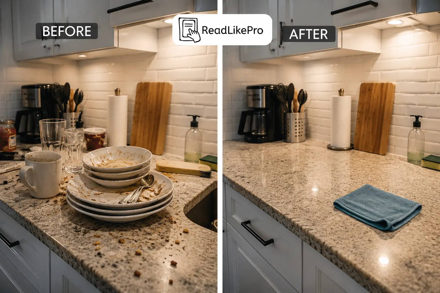 Before and after kitchen counter showing what daily maintenance prevents-Daily House Cleaning Routine