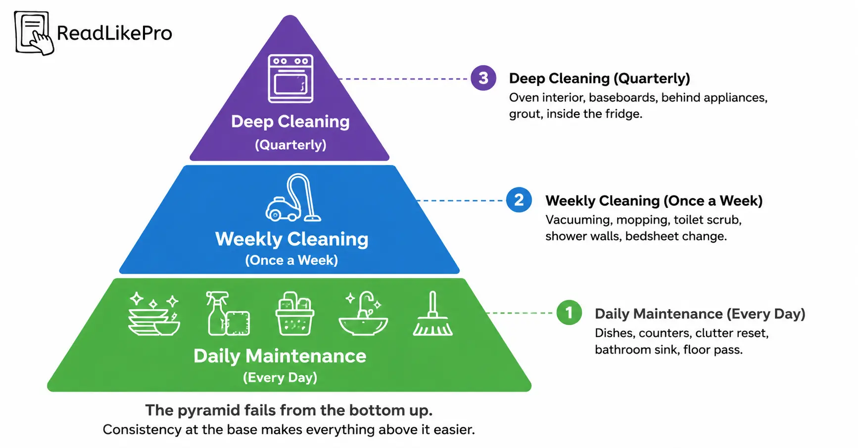 The Cleaning Pyramid daily maintenance, weekly cleaning, and deep cleaning levels explained Daily House Cleaning Routine