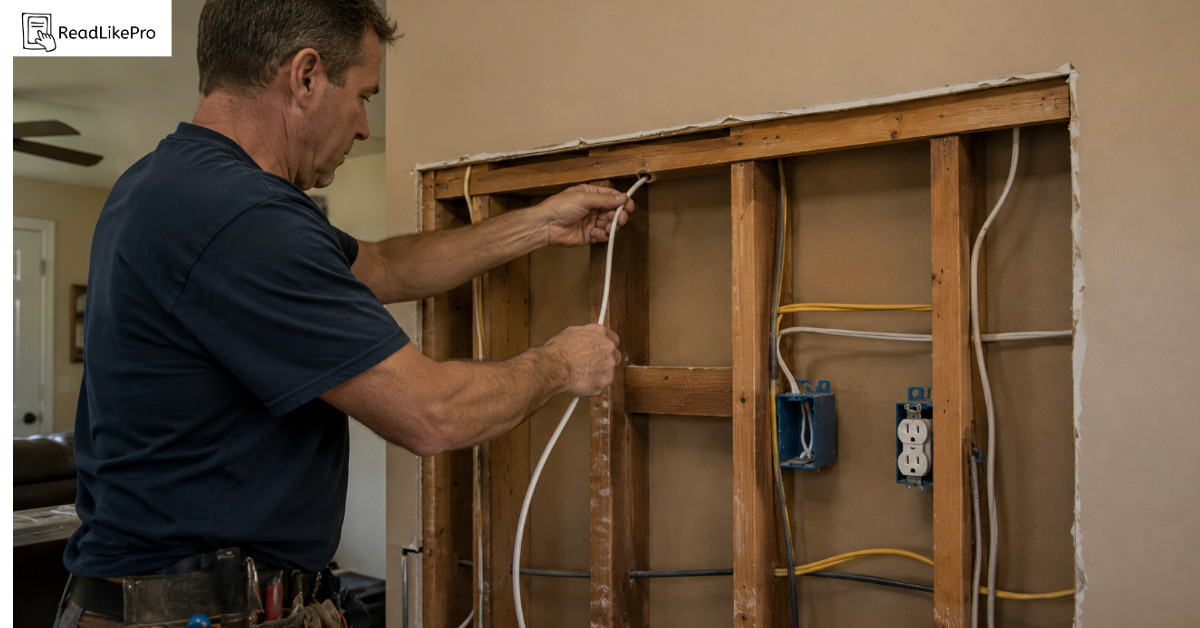  Licensed electrician running new electrical cable through an open wall during a home rewiring project