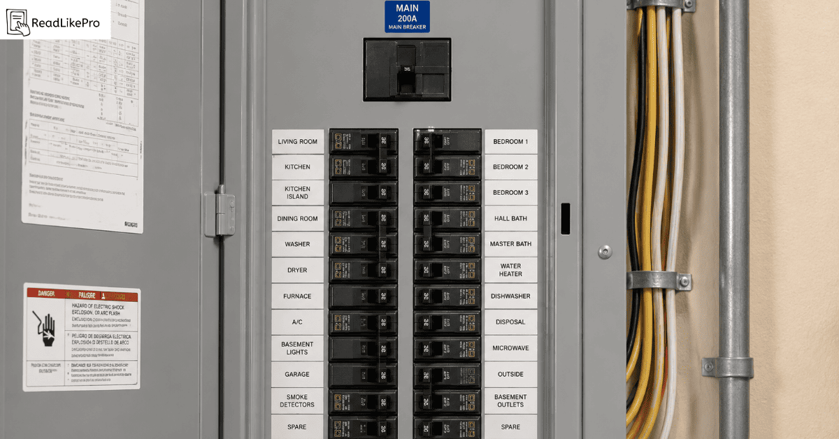 Newly installed 200-amp residential electrical panel with organised breakers after a home rewiring