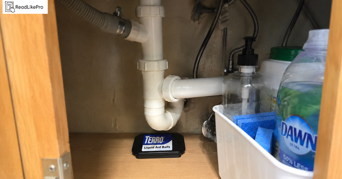 How to Get Rid of Ants Without Wasting Money on Sprays (2026 Proven Step) 3 Ant bait station placed under a real kitchen sink near plumbing pipes and cleaning supplies to help get rid of ants indoors