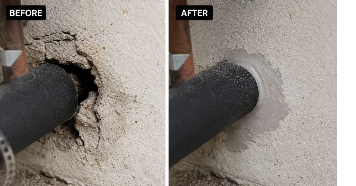 How to Get Rid of Ants Without Wasting Money on Sprays (2026 Proven Step) 4 Before and after photo of a wall pipe entry gap sealed with caulk to block ants and pests from entering the home.