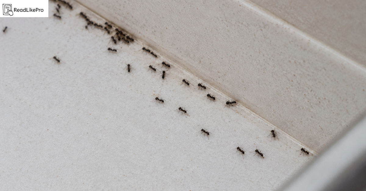 How to Get Rid of Ants Without Wasting Money on Sprays (2026 Proven Step) 1 Close-up of small black ants forming a trail along the edge of a kitchen countertop near the wall in natural indoor lighting.