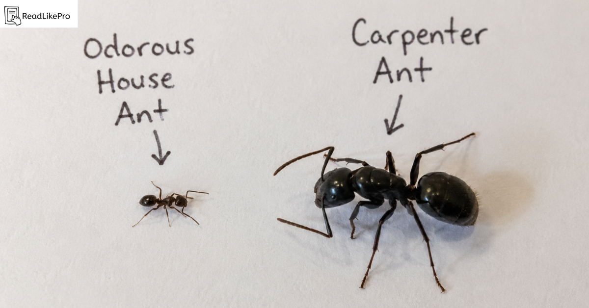 How to Get Rid of Ants Without Wasting Money on Sprays (2026 Proven Step) 2 Comparison of a small odorous house ant and a large carpenter ant side by side on white paper showing size and appearance differences.
