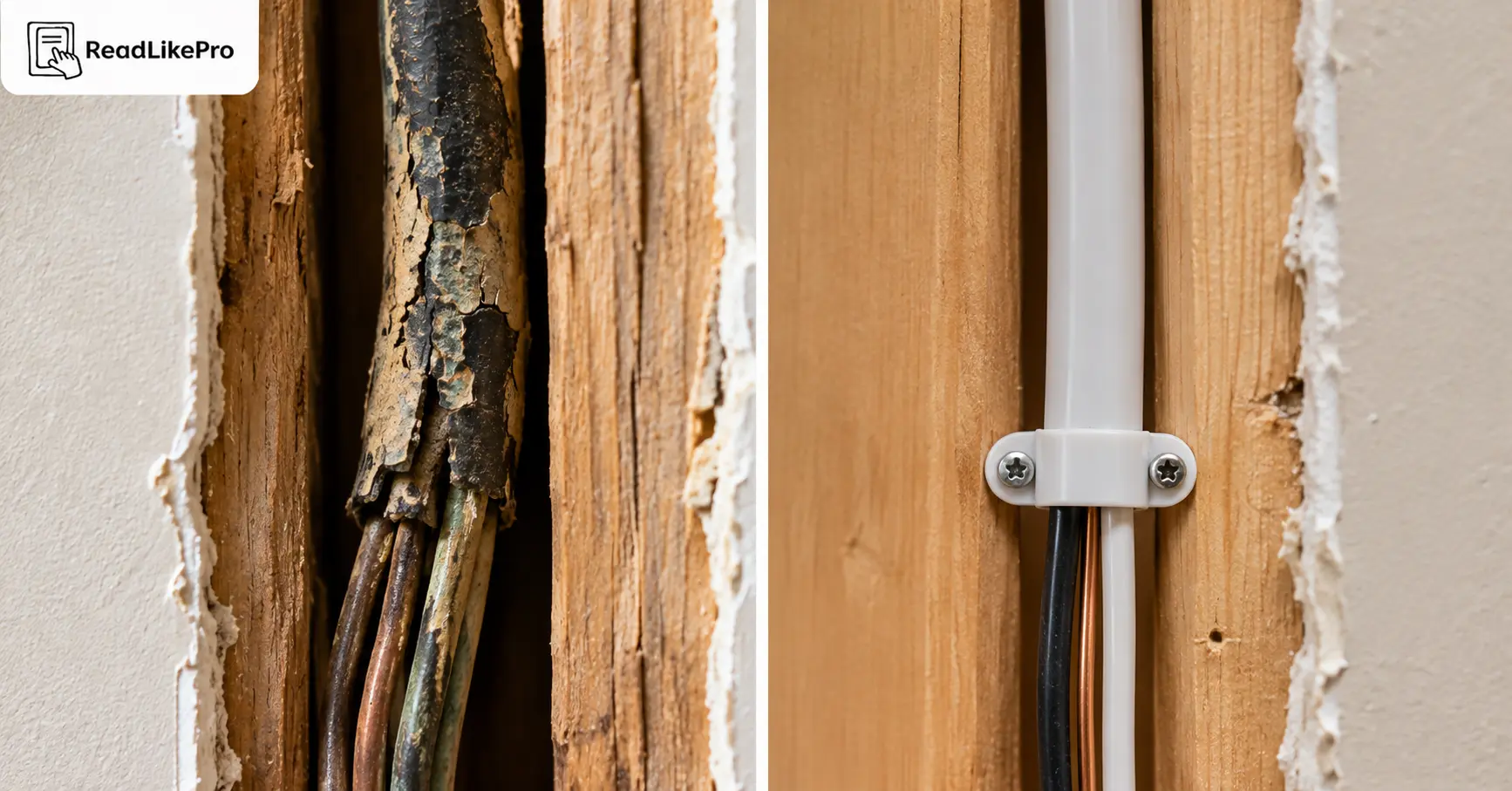 8 Warning Signs Your Home Needs Electrical Rewiring 1 Old deteriorated rubber wiring versus modern NM-B copper cable inside a wall cavity