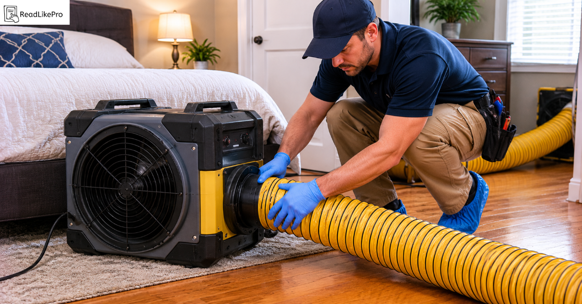 professional pest control technician setting up heat treatment equipment for bed bug infestation
