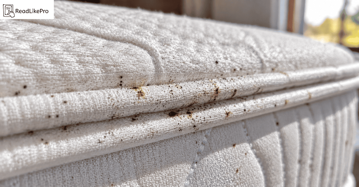 Close-up of mattress seam showing rust-colored bed bug stains and dark fecal spots on white cotton fabric