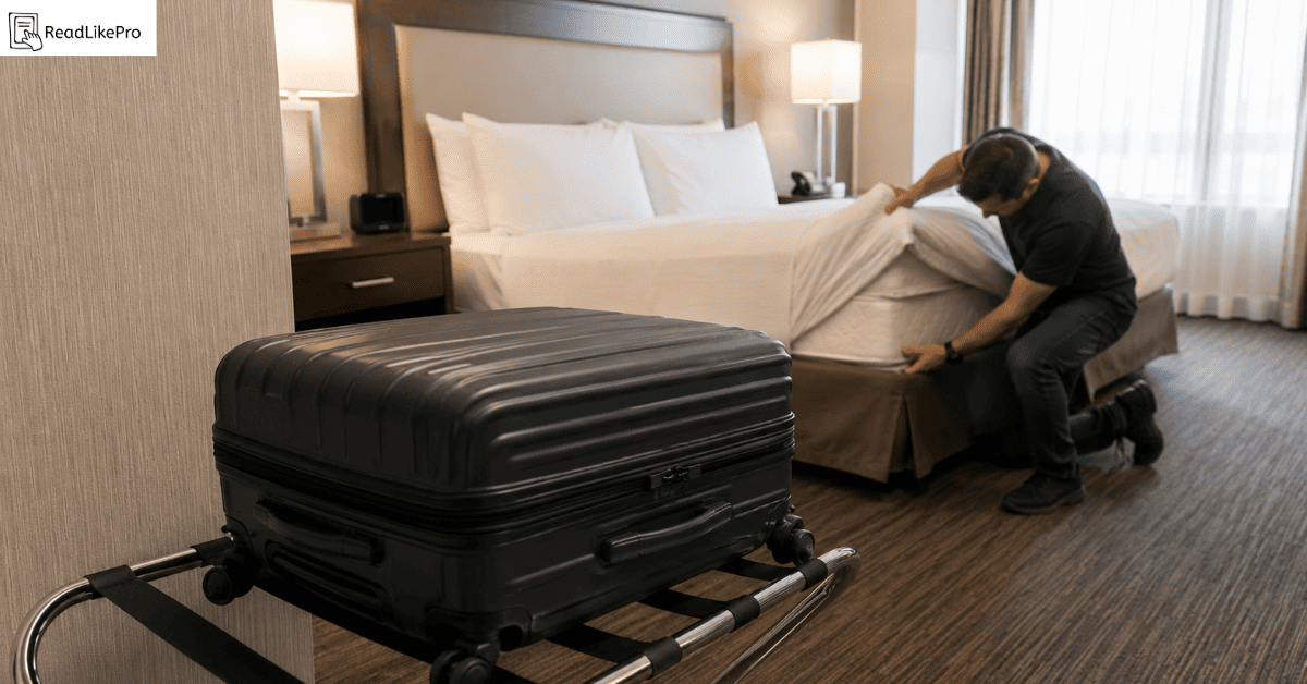 suitcase on hotel luggage rack away from bed to prevent picking up bed bugs while traveling 4 1