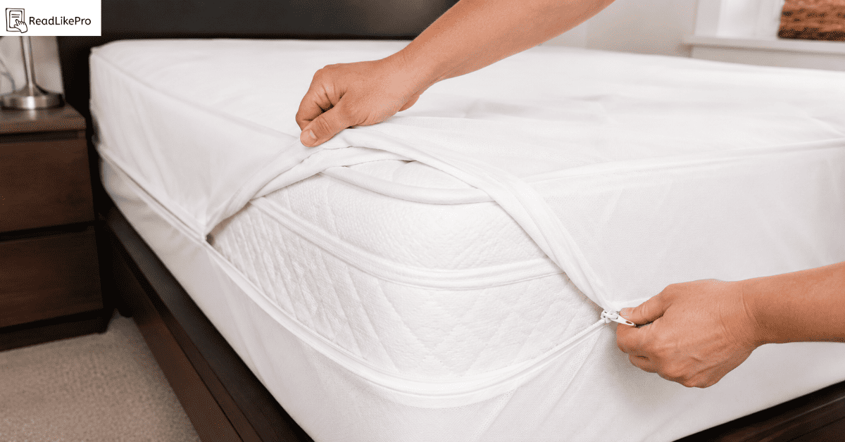 zipping a bed bug proof mattress encasement over a queen mattress
