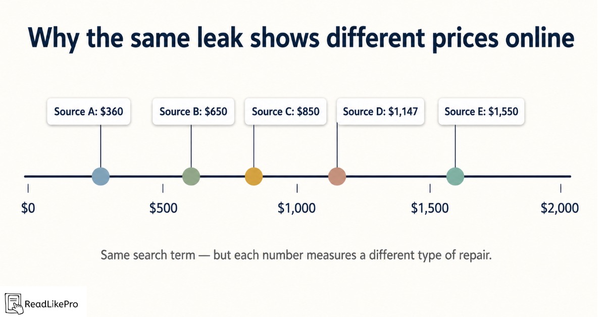 Chart comparing different roof leak repair cost averages from $360 to $1,550 across online sources
