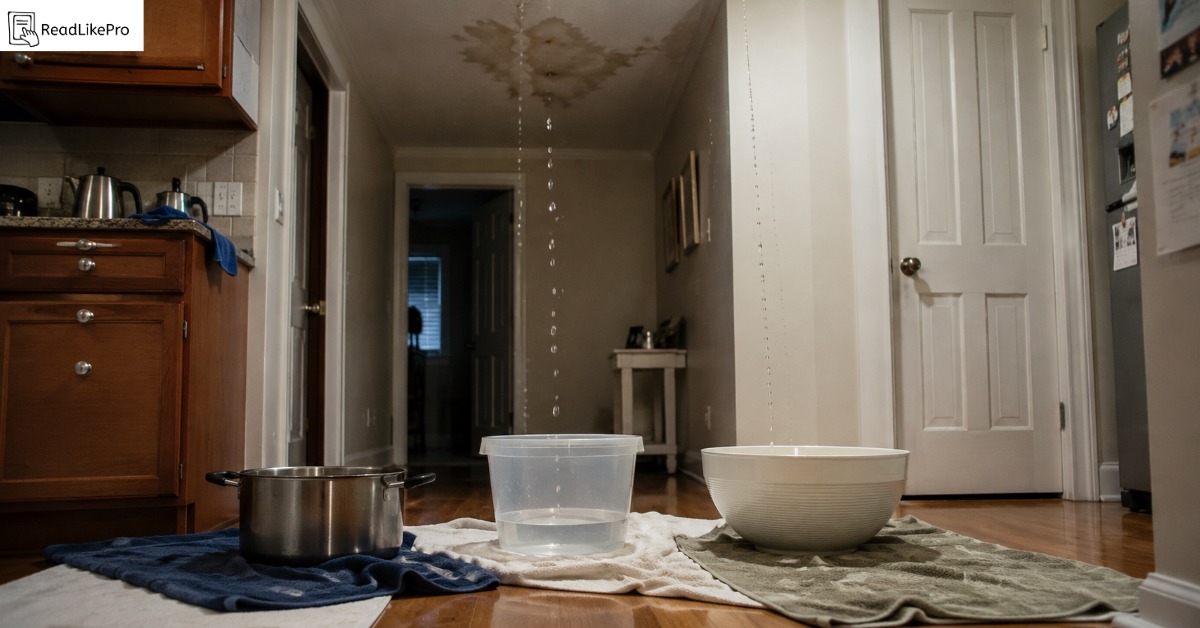 Multiple containers including a bucket, pot, and bowl placed under active ceiling drips with towels spread on the floor to contain water damage from a roof leak inside a US home