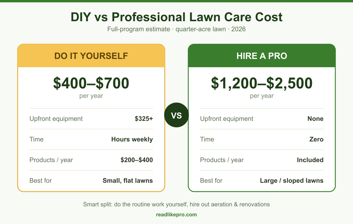 Lawn Care Cost in 2026: What US Homeowners Actually Pay 2 DIY vs professional lawn care cost comparison showing $400–$700 vs $1,200–$2,500 per year