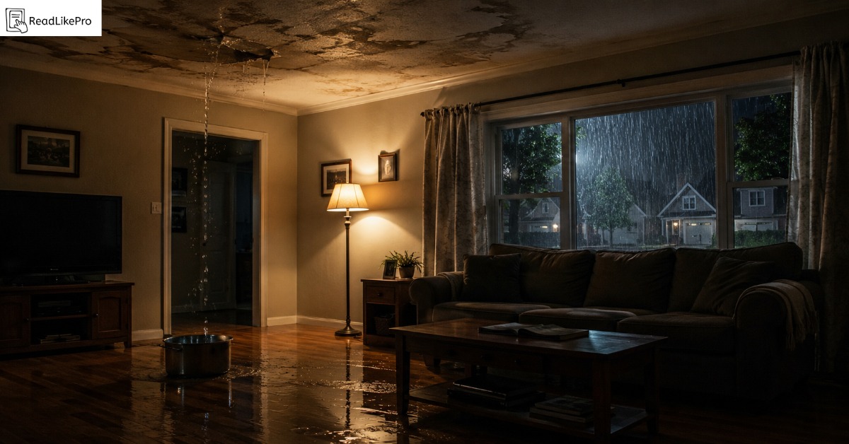 Water dripping from a sagging water-stained ceiling into a metal pot on hardwood floors during a nighttime rainstorm — emergency roof leak repair situation
