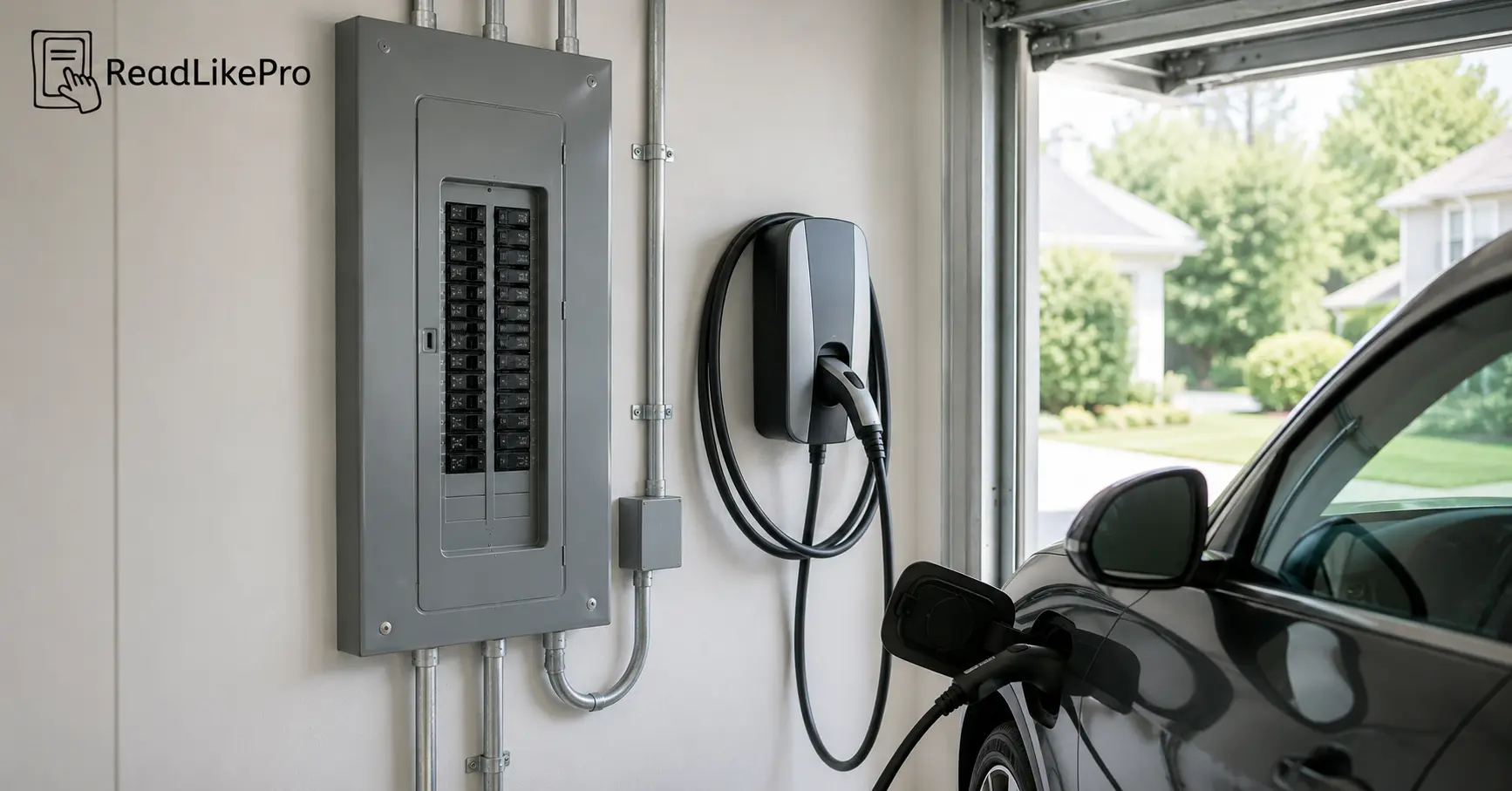 Level 2 EV charger installed next to a modern 200 amp electrical panel in a residential garage 
