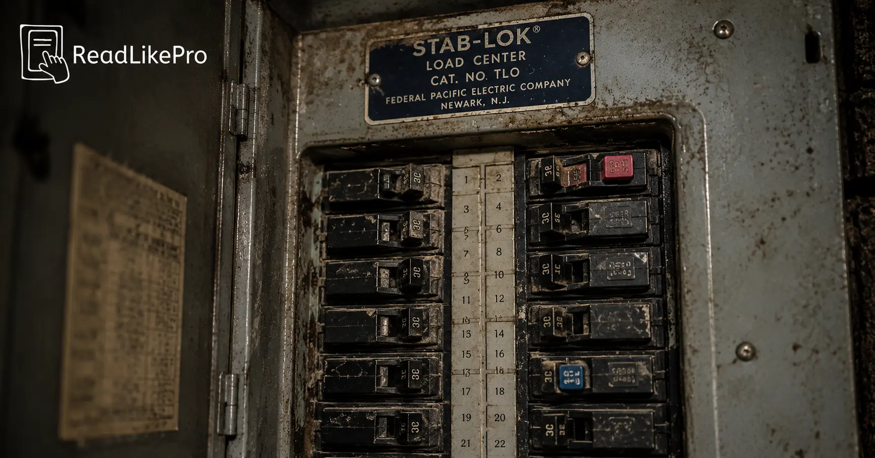 Older Federal Pacific Stab-Lok electrical panel with worn breakers and aging components