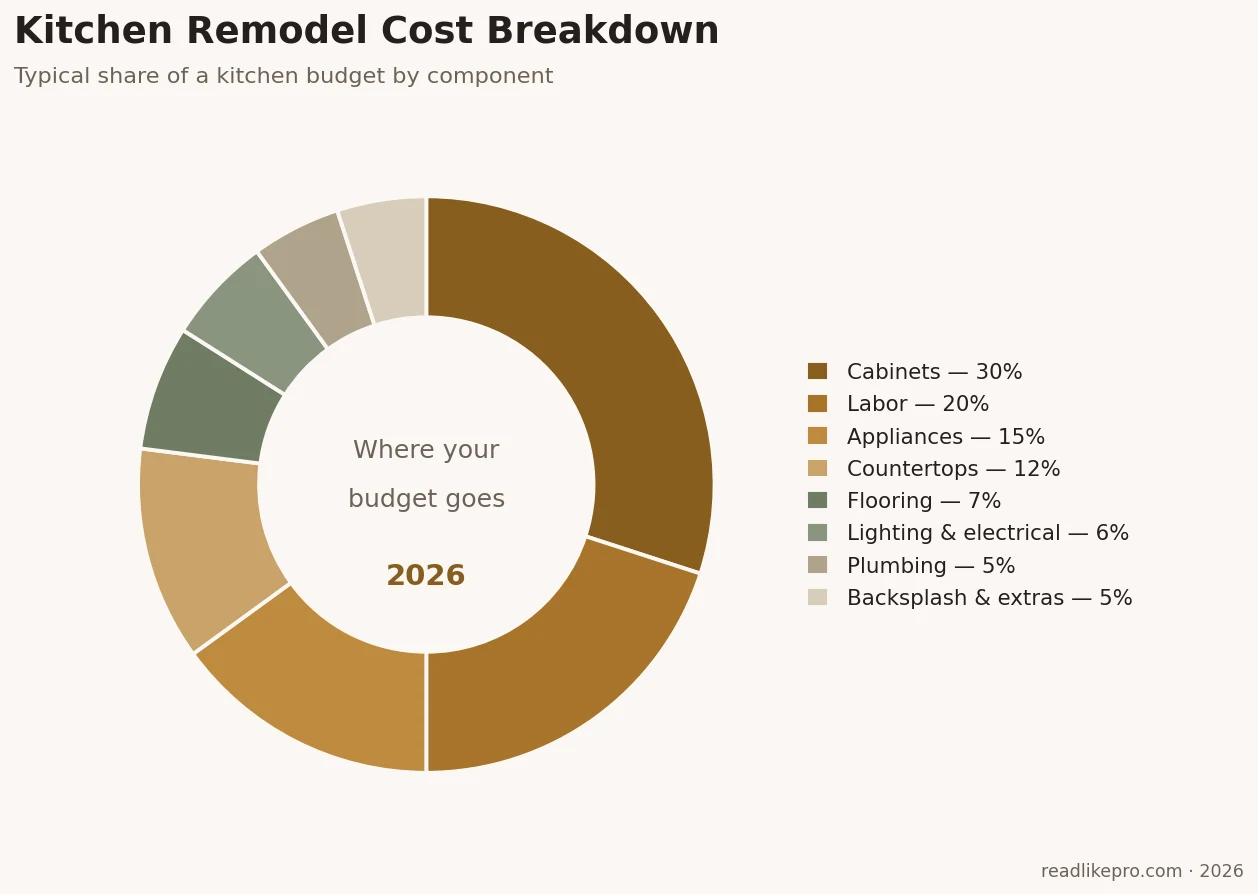 Kitchen Remodel and Cost in 2026: Real Prices by Size, Tier, and State 3 Kitchen remodel cost breakdown chart showing cabinets as the largest expense