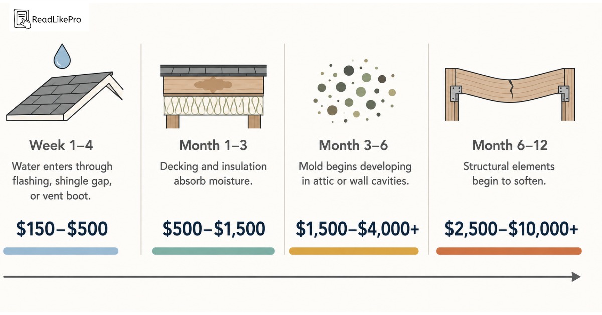 Timeline showing how roof leak repair cost rises from $150 to $10,000 as water damage spreads over months