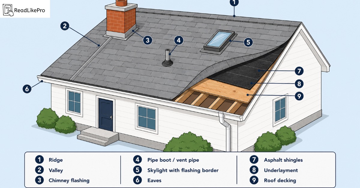 Roof anatomy diagram labeling flashing, valley, pipe boot, and skylight as common roof leak points