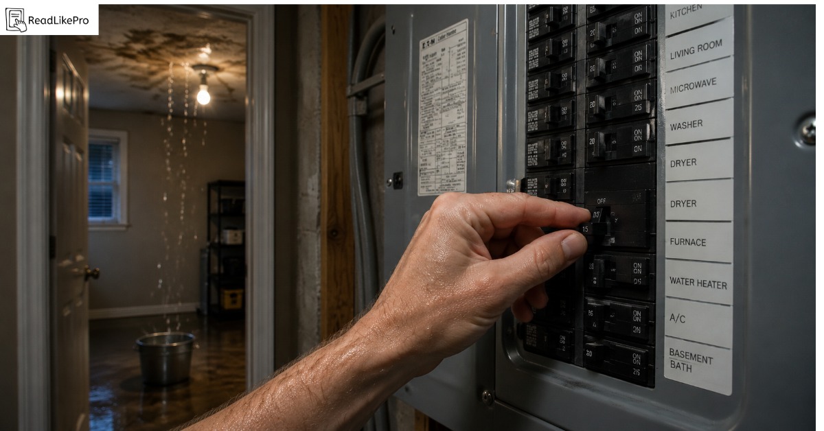 Homeowner's hand flipping a circuit breaker to the OFF position on a residential breaker panel with a water-damaged ceiling visible through the doorway in the background — first safety step during a roof leak