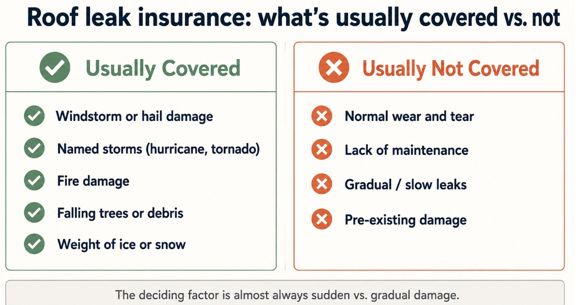 Comparison of roof leak damage usually covered by homeowners insurance versus excluded wear and tear