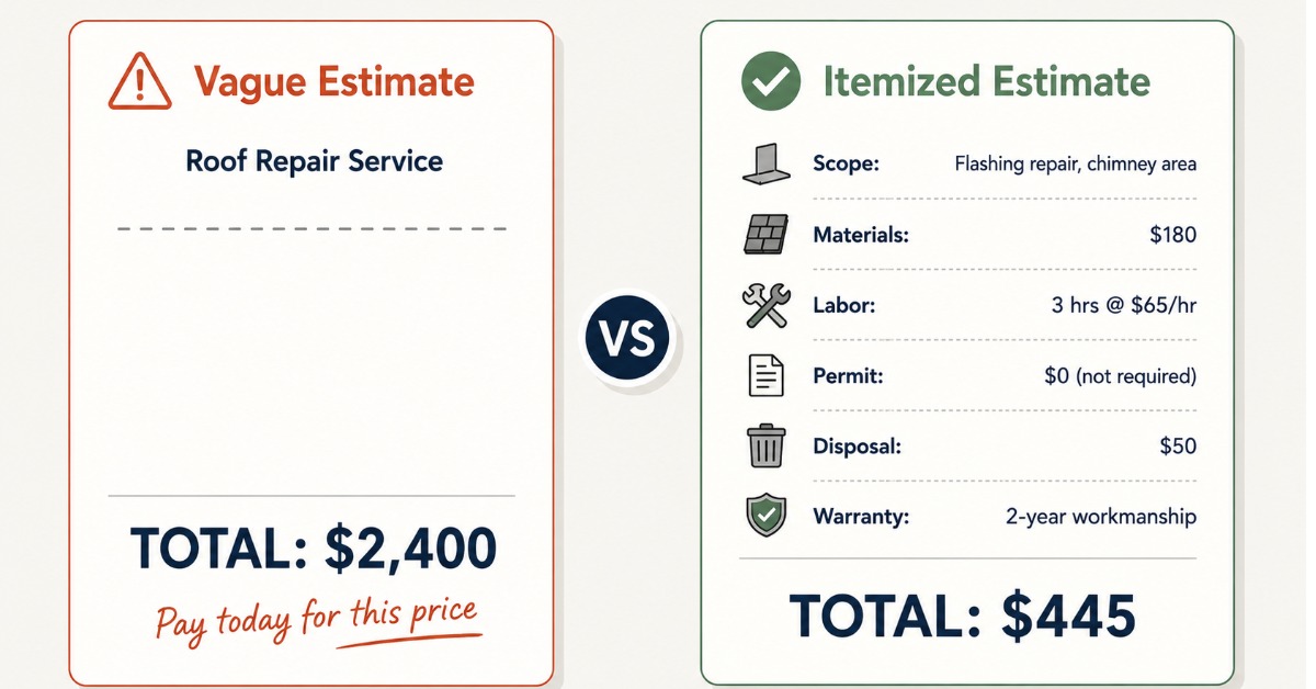  Side-by-side roofing estimate comparison showing a vague total versus a detailed itemized repair quote