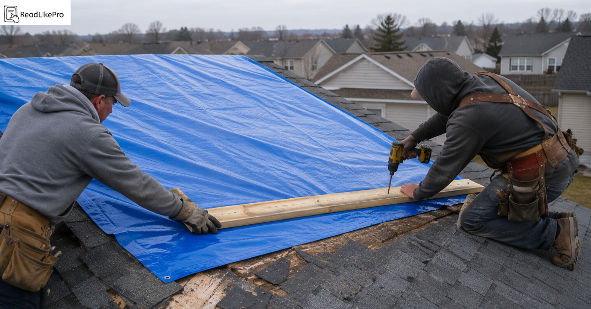 Two people securing a blue polyethylene tarp over storm-damaged roof shingles using 2x4 wooden boards screwed along the edges — the correct FEMA-recommended method for temporary emergency roof tarping