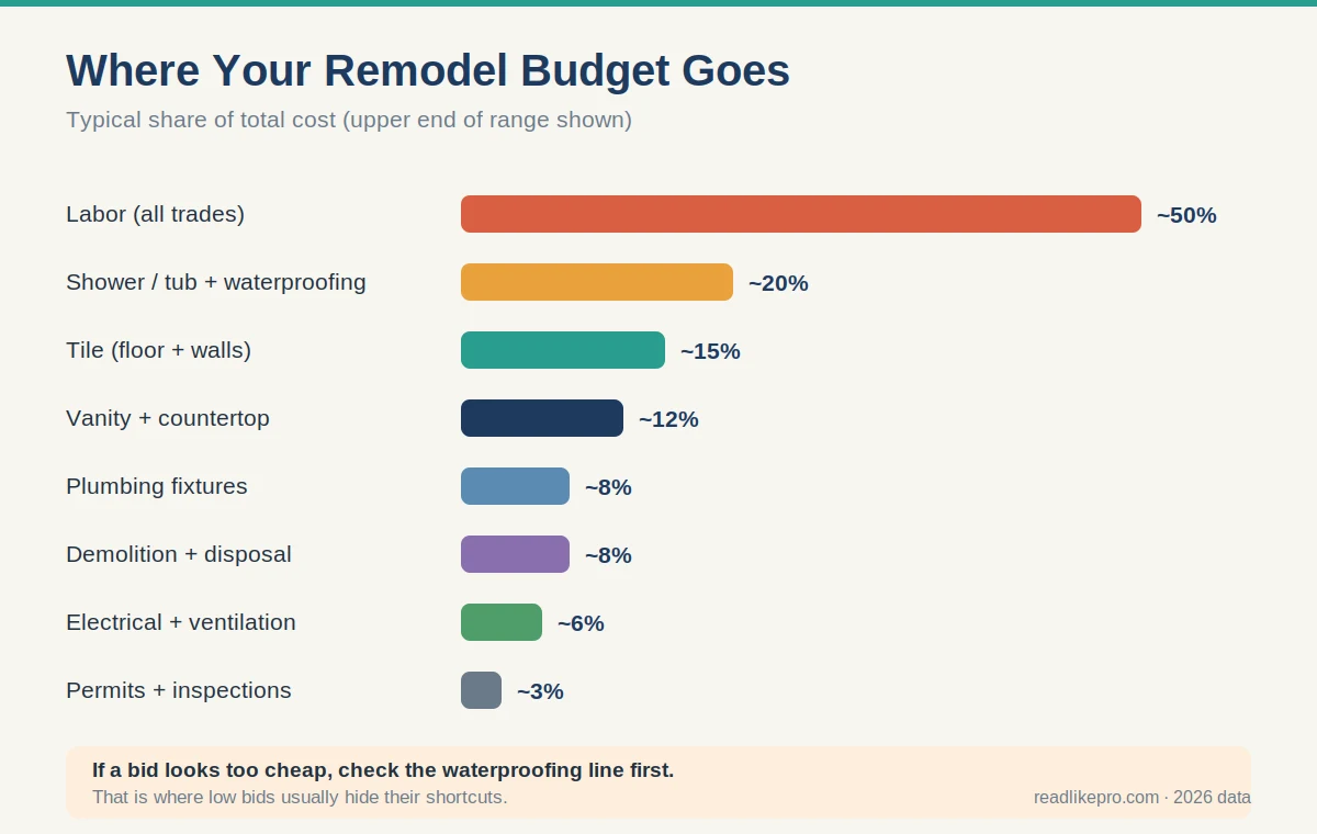 Bathroom Remodeling Costs in 2026: Real Prices, Hidden Traps, and the $5,000 Layout Rule 1 Bathroom remodel budget breakdown showing labor takes 40 to 60 percent of total cost