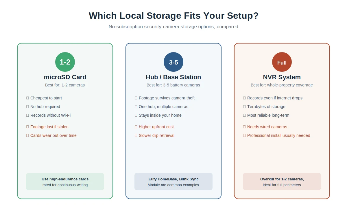 Security camera local storage options: microSD, hub, and NVR compared