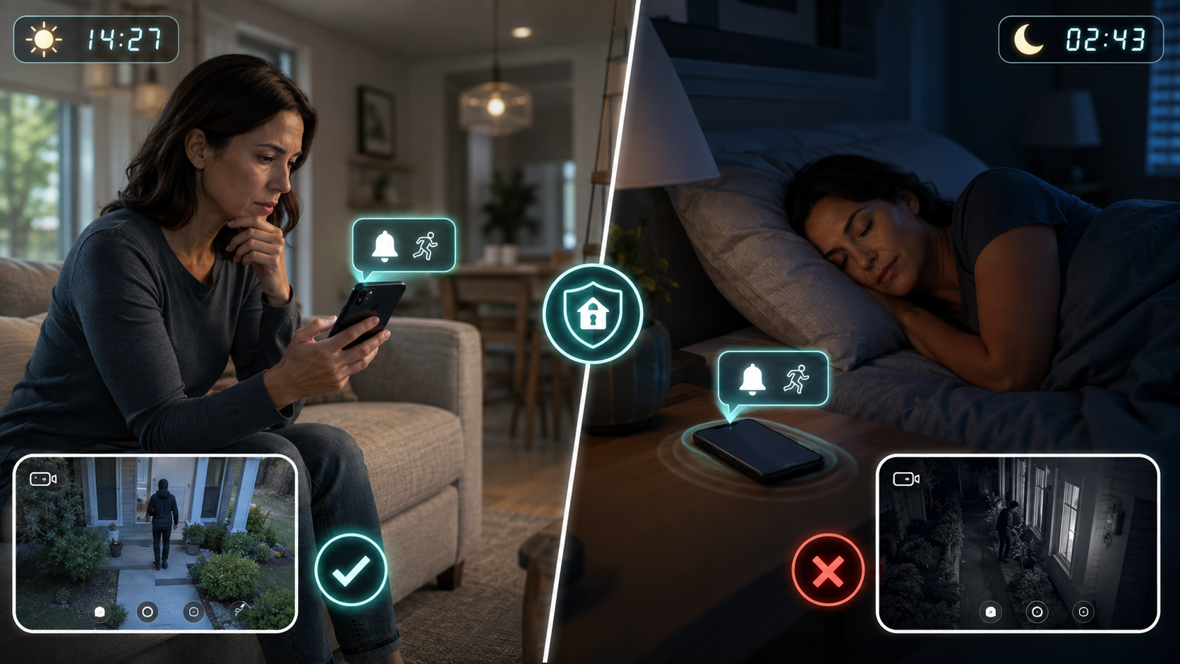 Self-Monitored Home Security: Does It Actually Work When It Matters? 2 3D editorial split-scene comparing a self-monitored home security alert during the day, when the homeowner responds quickly, with a nighttime alert missed while the homeowner sleeps.