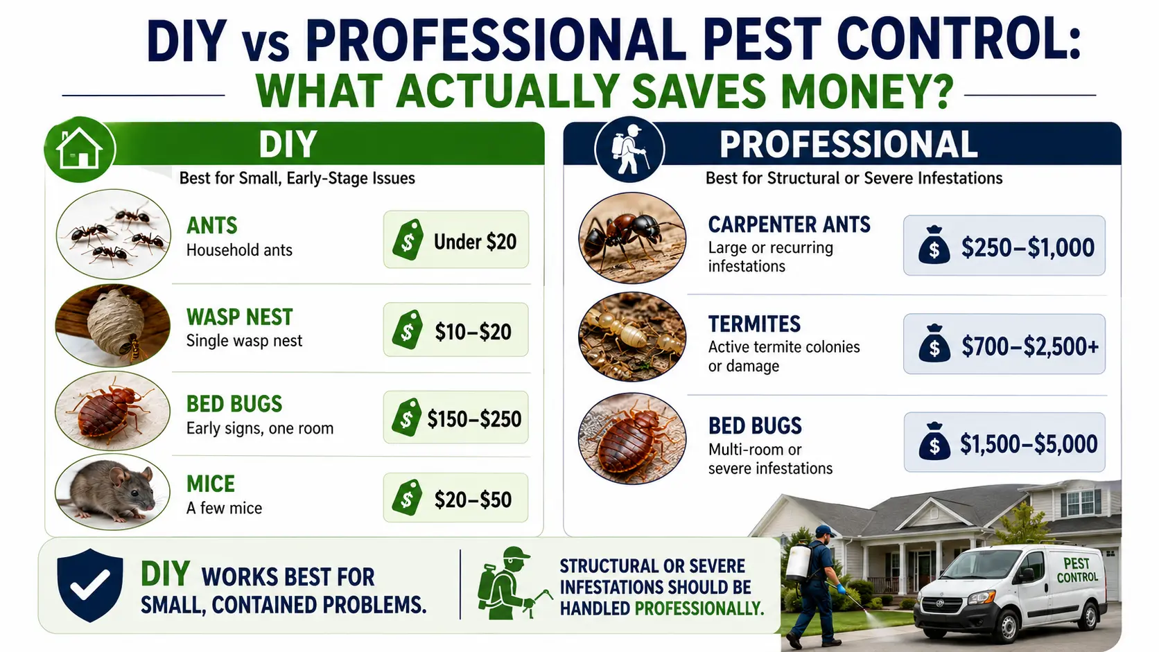 DIY vs professional pest control cost comparison showing typical costs for ants, wasp nests, bed bugs, mice, carpenter ants, and termites.
