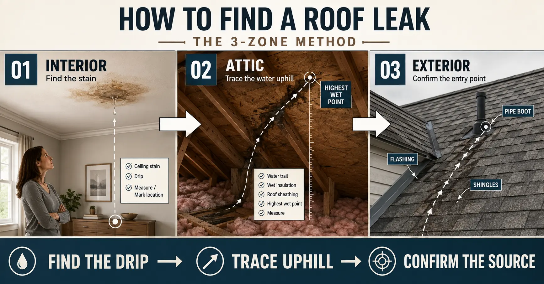 How to find a roof leak using the 3-zone method: inspect the interior stain, trace water uphill through the attic, and confirm the roof entry point outside.